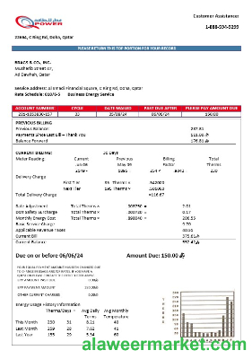 Qatar Power Company electricity business utility bill template in Word and PDF formats